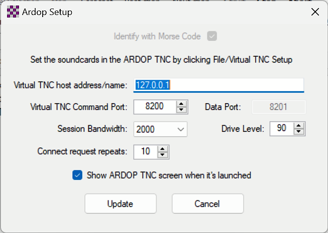 screenshot of the Winlink TNC settings