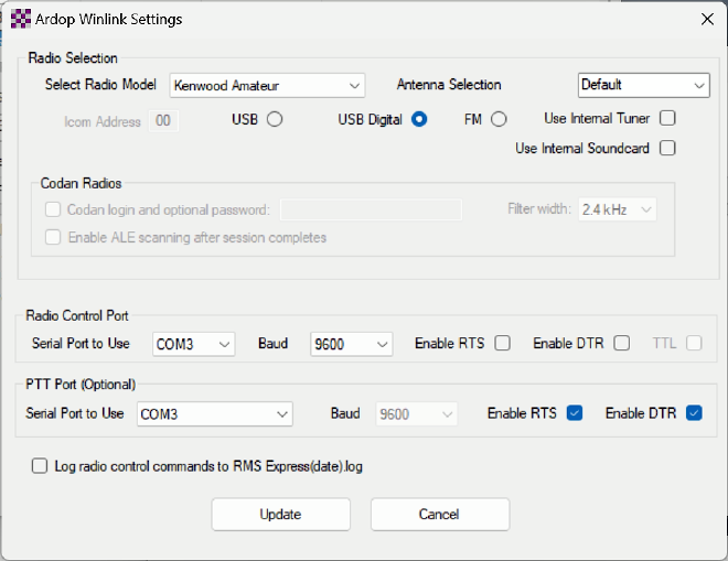 screenshot of the Winlink Radio settings