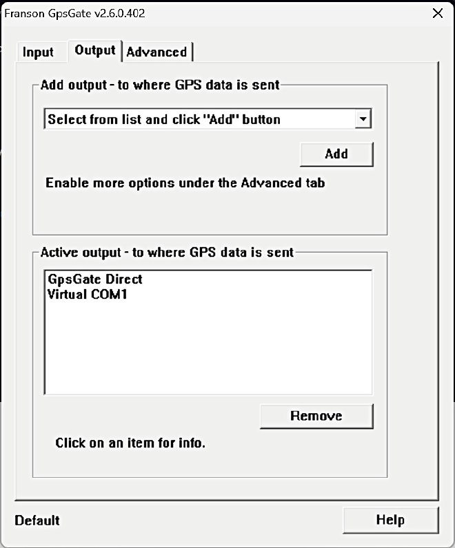screenshot of GpsGate output settings