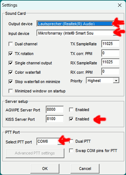 screenshot of the soundmodem devices settings
