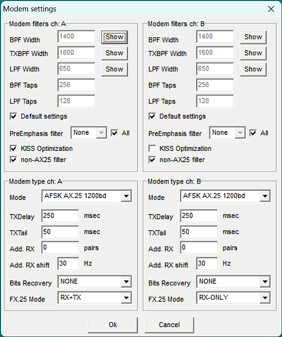 screenshot of the soundmodem modem settings