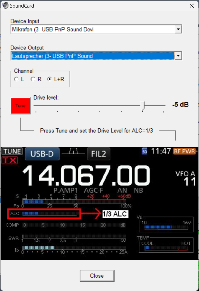 screenshot of the VARA HF soundcard settings