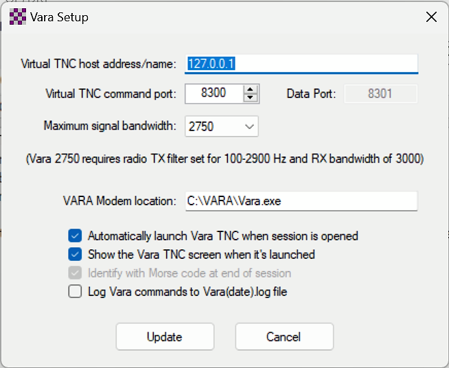 screenshot of the VARA HF settings
