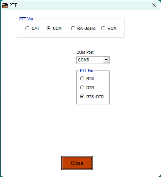 screenshot of the VARA FM PTT control settings