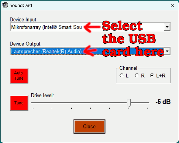 screenshot of the VARA FM soundcard settings