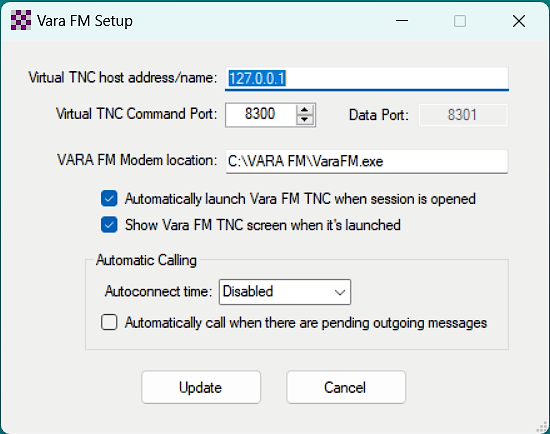 screenshot of the VARA FM settings
